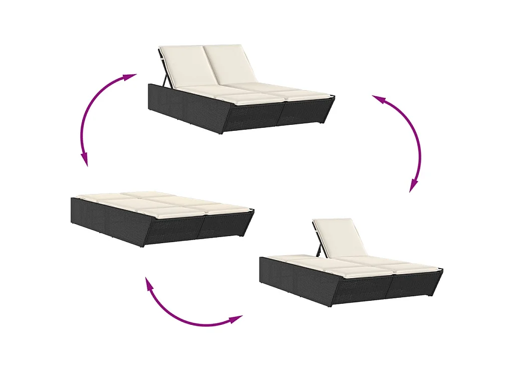 Chaise longue double avec coussins noir résine tressée