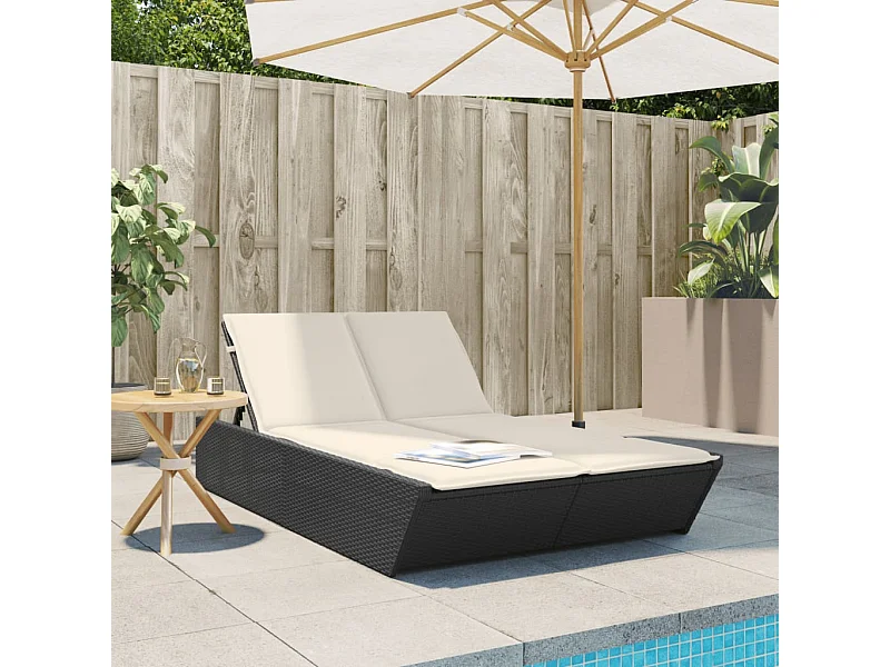 Doppel-Sonnenliege mit Kissen Schwarz Poly Rattan