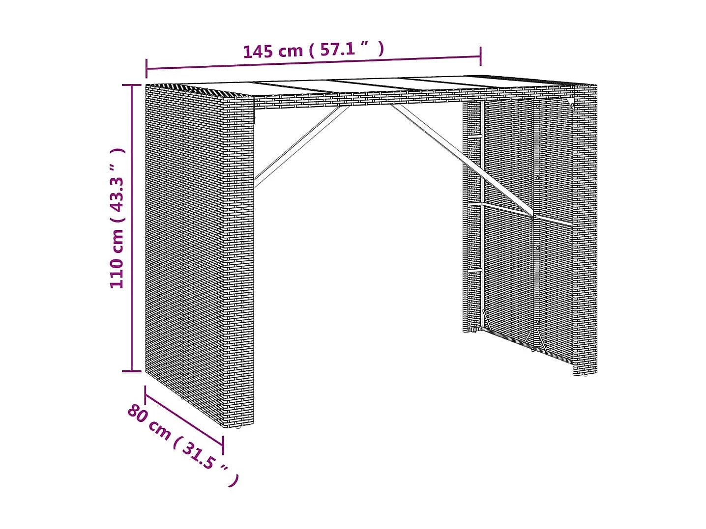 Mesa de bar com tampo de vidro 145x80x110 cm vime PE castanho