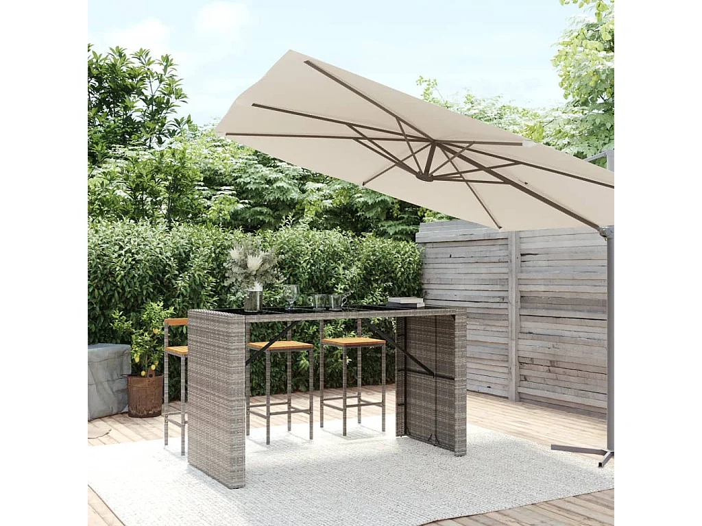 Mesa de bar com tampo de vidro 185x80x110 cm vime PE cinzento