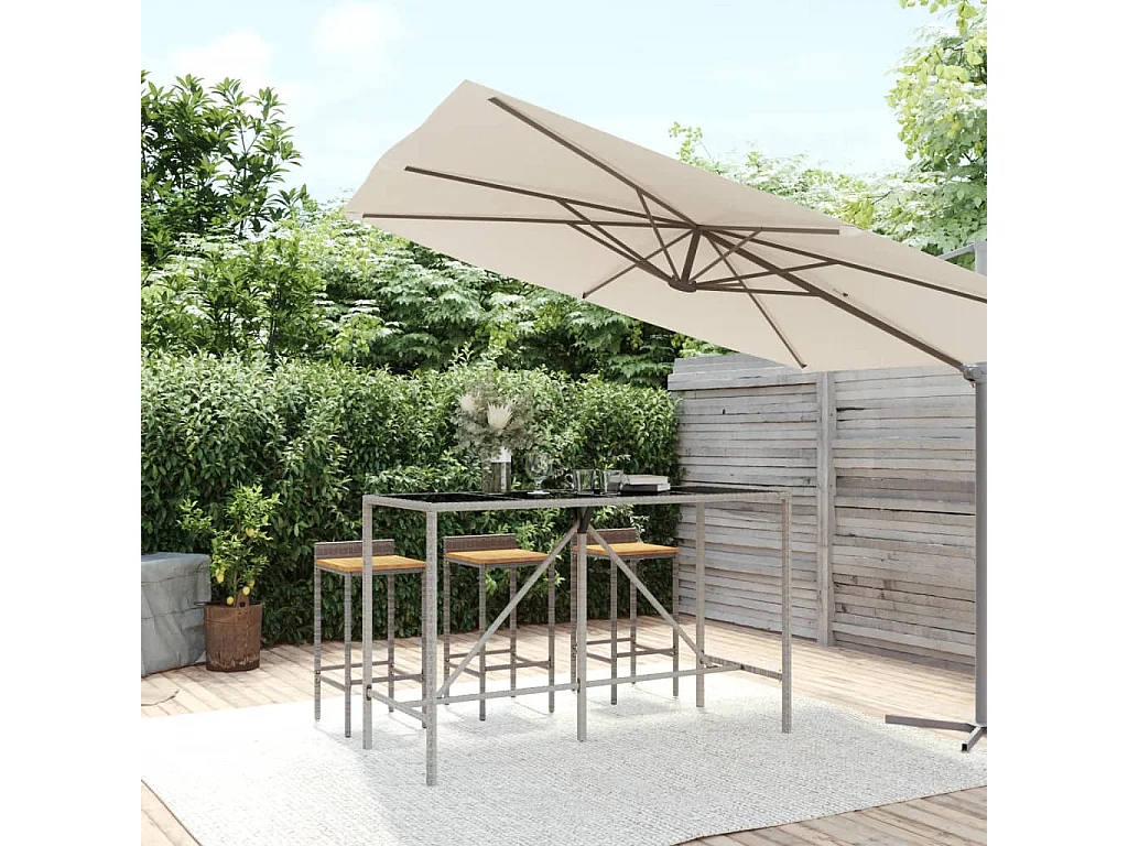 Mesa de bar com tampo de vidro 180x70x110 cm vime PE cinzento