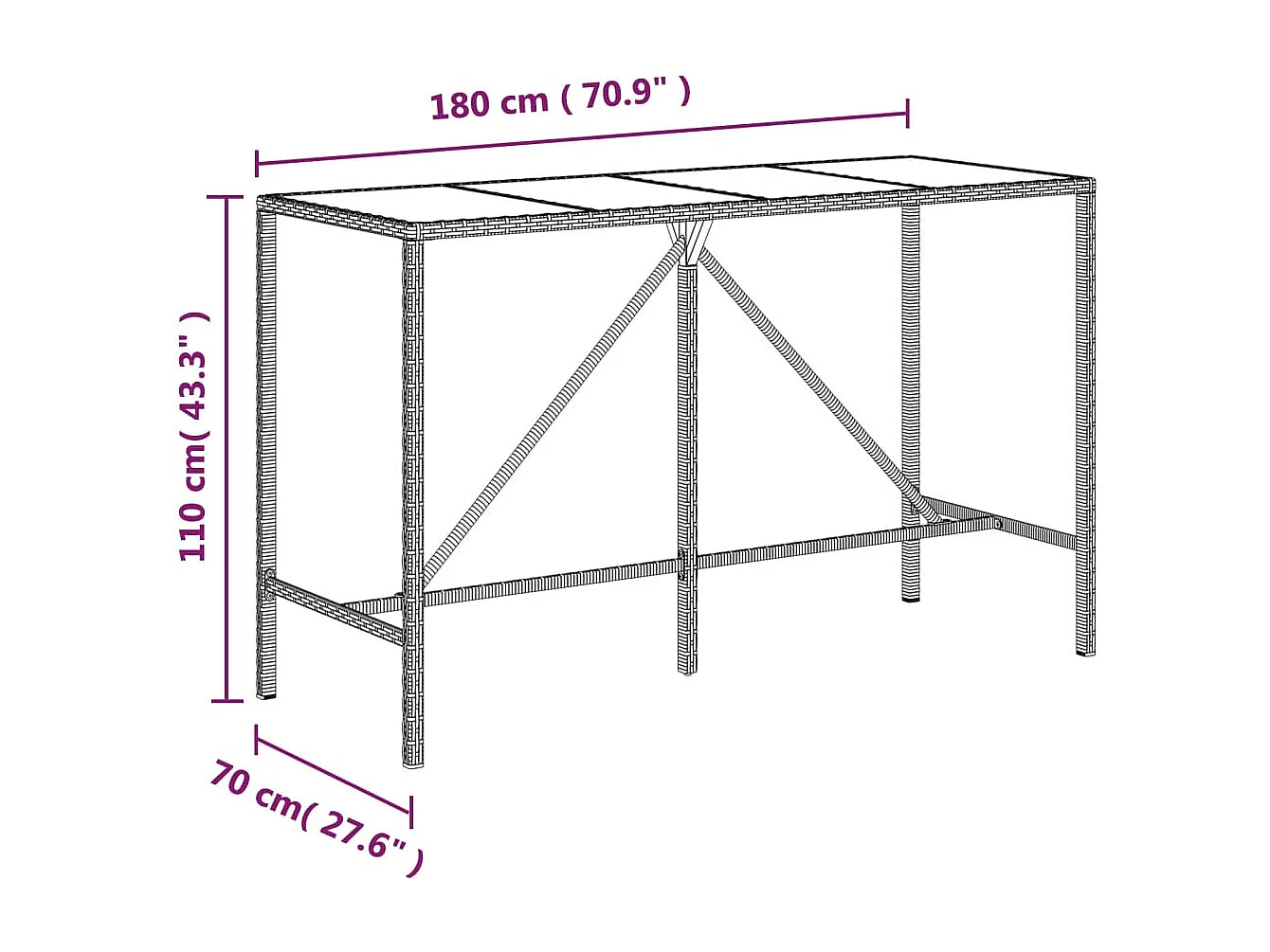 Mesa de bar com tampo de vidro 180x70x110 cm vime PE cinzento