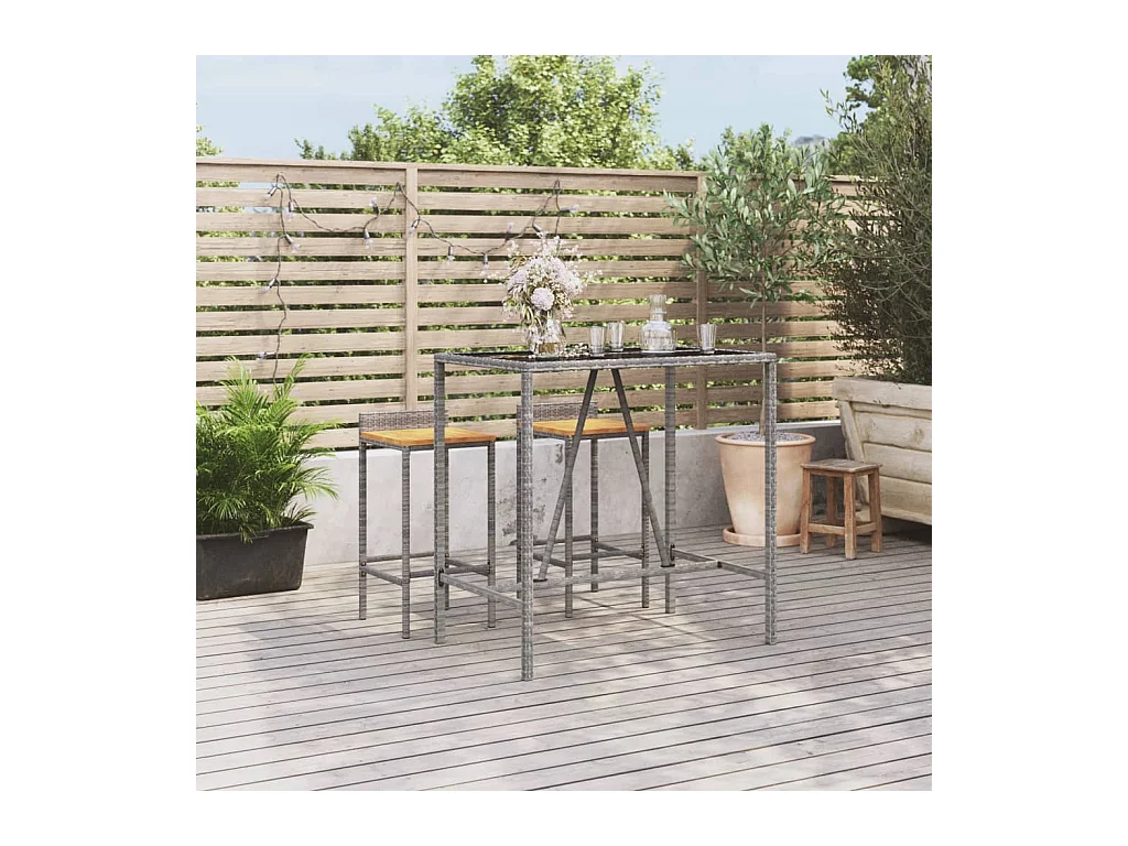 Table de bar et dessus en verre gris 110x70x110 cm poly rotin