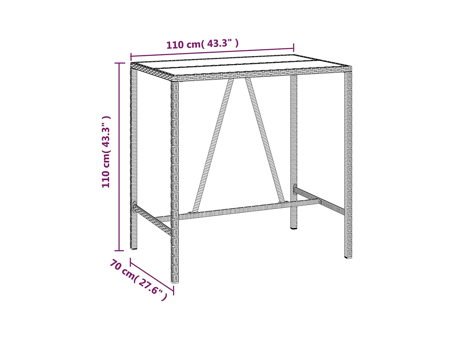 Bartisch mit Glasplatte Grau 110x70x110 cm Poly Rattan