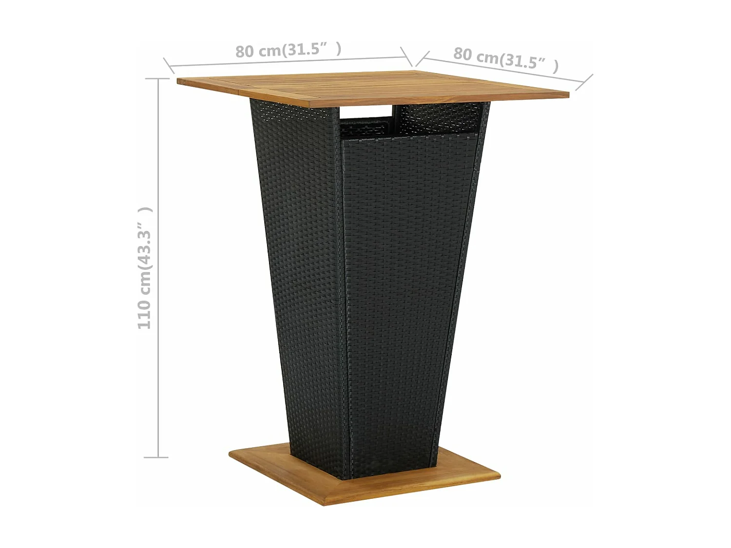 Bartisch Schwarz 80x80x110 cm Poly Rattan und Massivholz Akazie