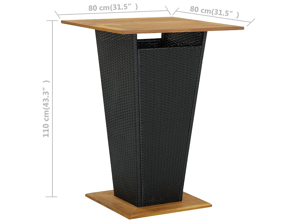 Tavolino da Tè Nero 80x80x110 cm Polyrattan e Massello Acacia