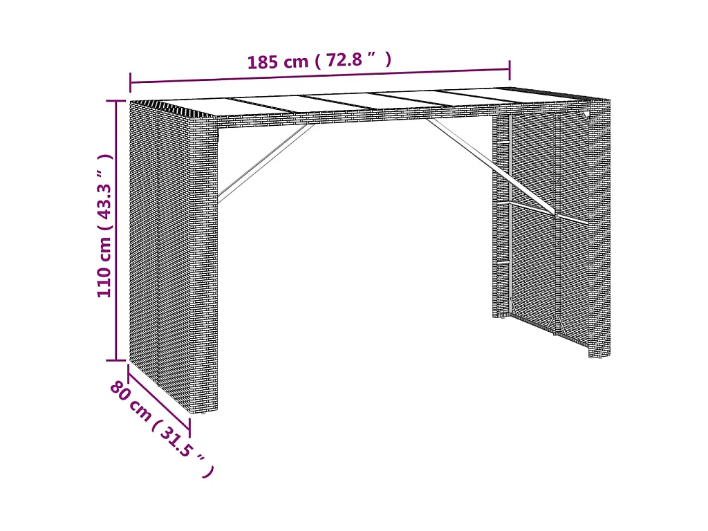 Bartisch mit Glasplatte Schwarz 185x80x110 cm Poly Rattan