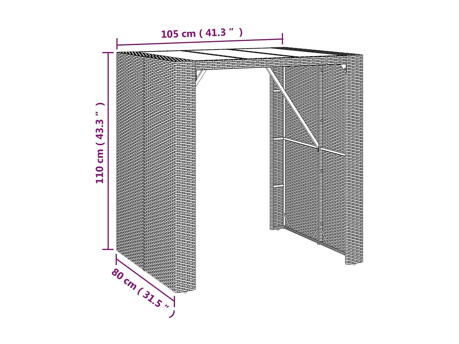 Mesa alta bar ratán PE y superficie vidrio negro 105x80x110 cm