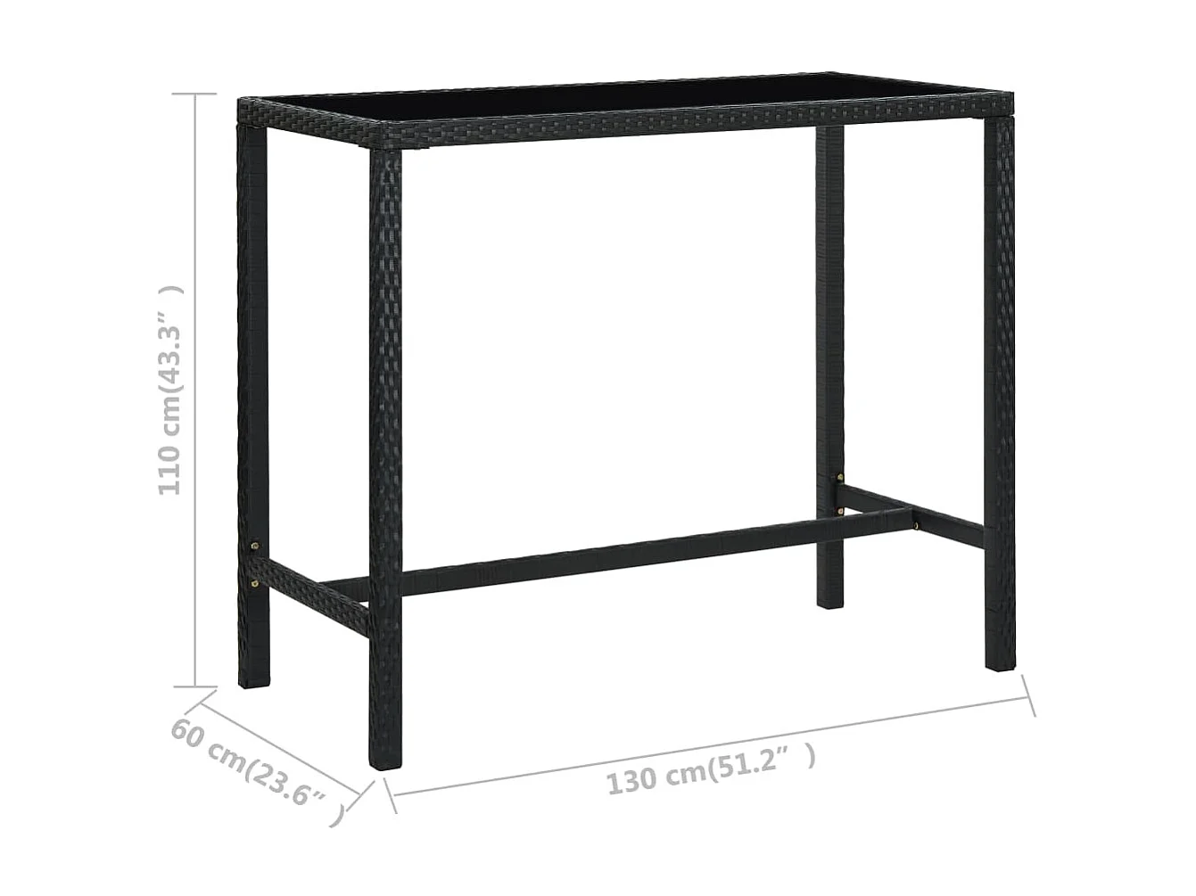 Table bar de jardin Noir 130x60x110 cm Résine tressée et verre