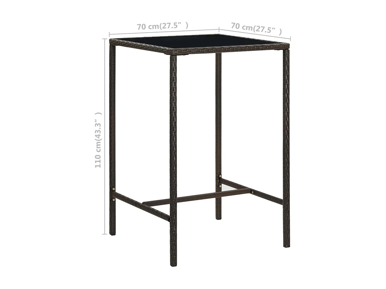 Garten-Bartisch Braun 70x70x110 cm Poly Rattan und Glas