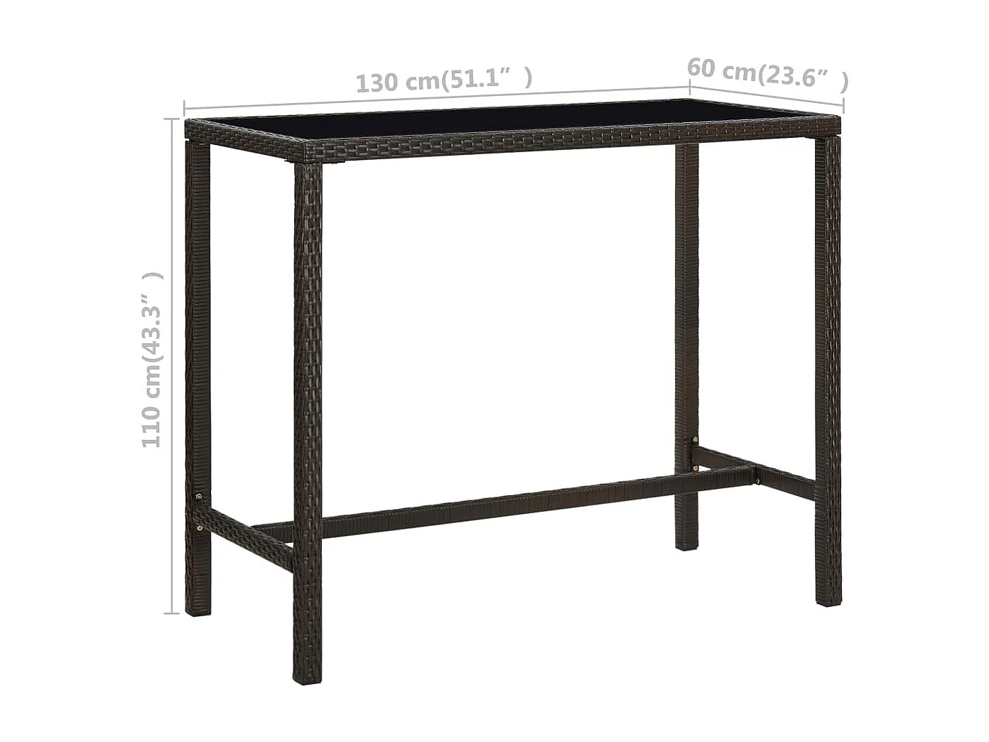 Tavolo da Bar per Esterni Marrone 130x60x110cm Polyrattan Vetro
