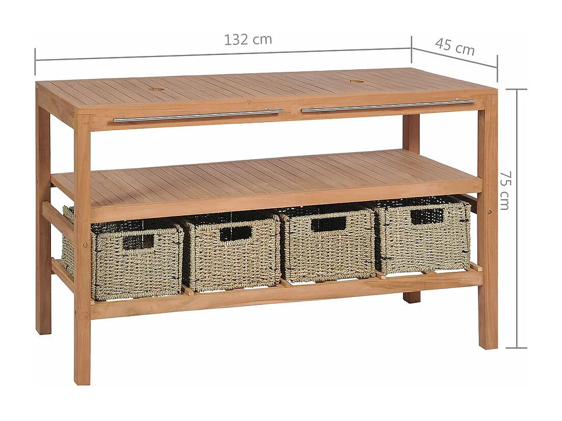 Móvel lavatório c/ 4 cestos casa banho teca maciça 132x45x75 cm