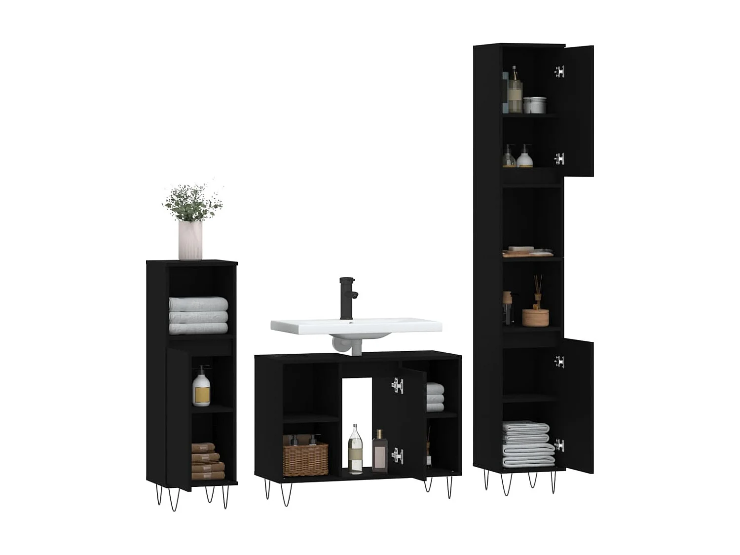 3 pcs conjunto móveis casa de banho derivados de madeira preto