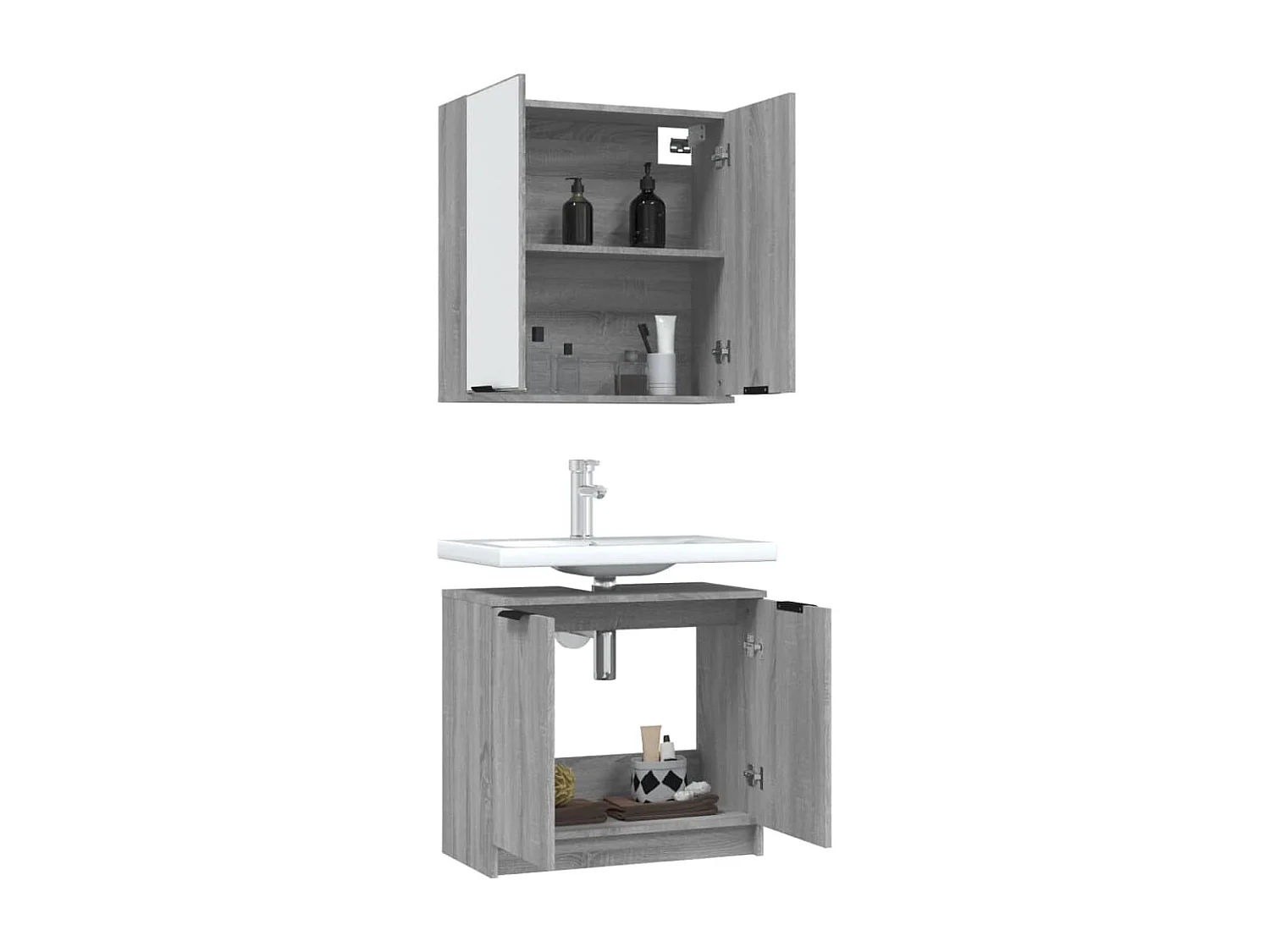 2 pcs conj. móveis casa de banho derivados madeira cinza sonoma