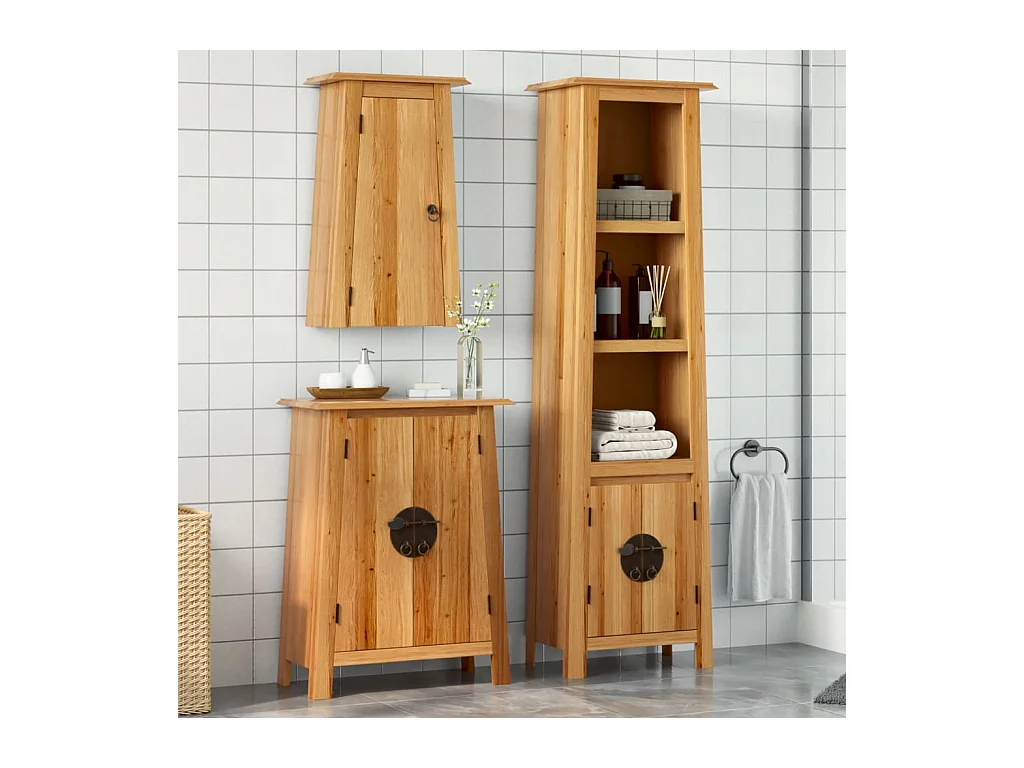 Set Mobili da Bagno 3 pz in Legno Massello di Pino