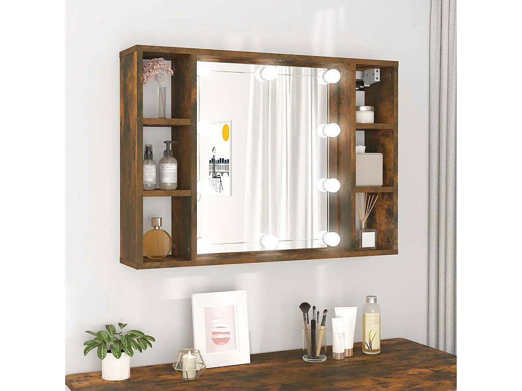 Spiegelkast met LED-verlichting 76x15x55 cm gerookt eikenkleur