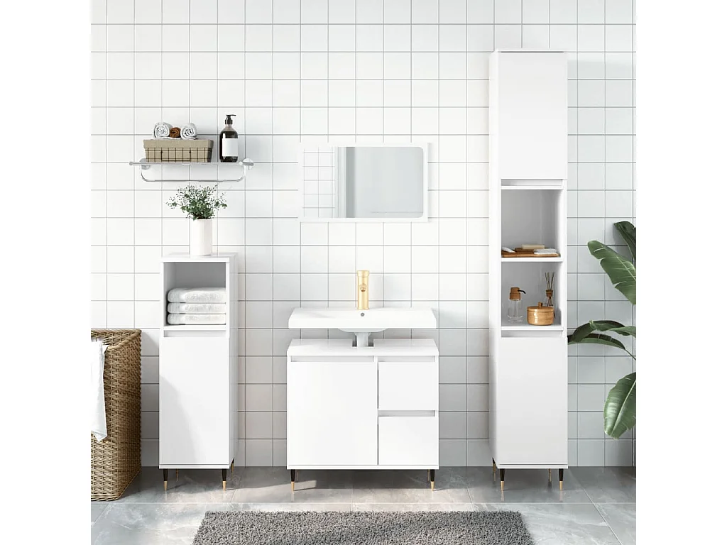 Badkamerkast 30x30x190 cm bewerkt hout hoogglans wit