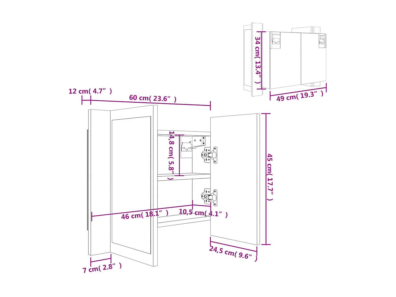 Armoire de salle de bain à miroir LED Gris béton Acrylique