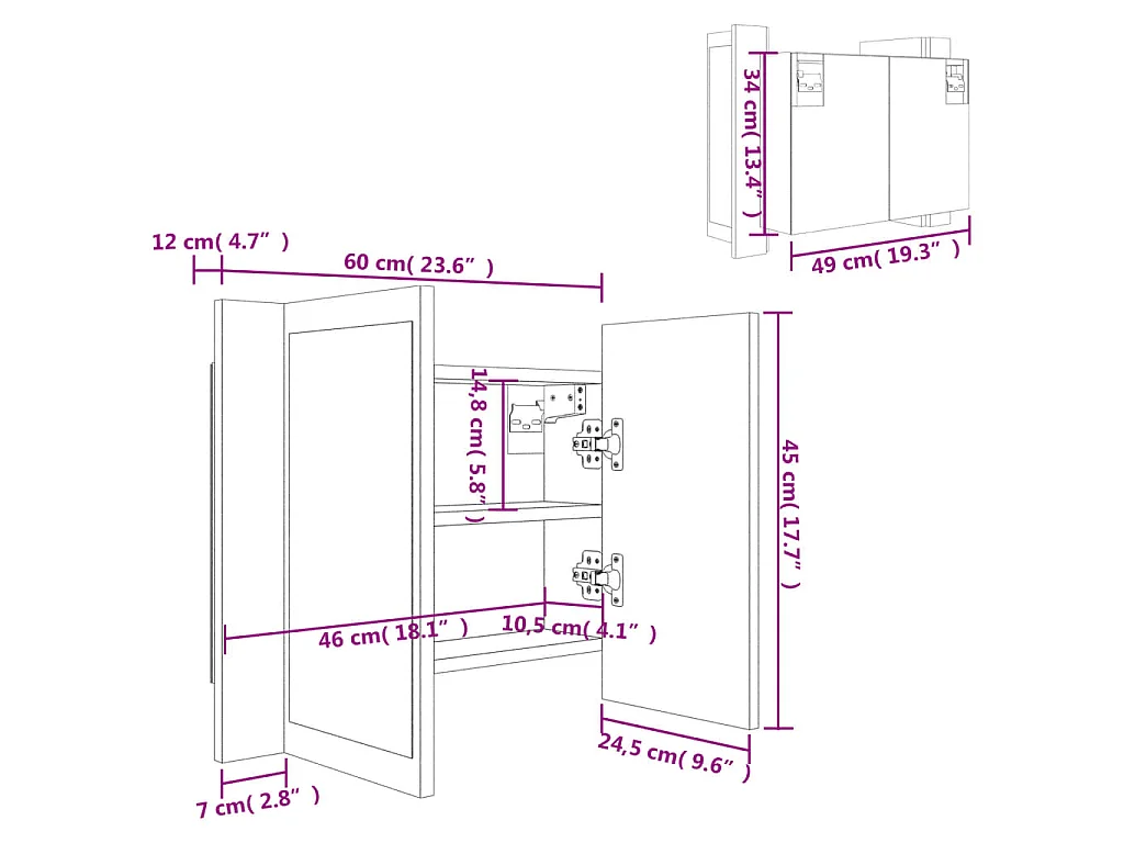 Armoire de salle de bain à miroir LED Gris béton Acrylique