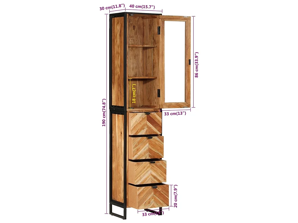 Mueble de baño hierro y madera maciza de acacia 40x27x190 cm