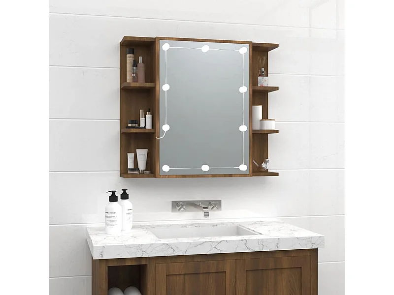 Mueble con espejo y luces LED roble marrón 70x16,5x60 cm