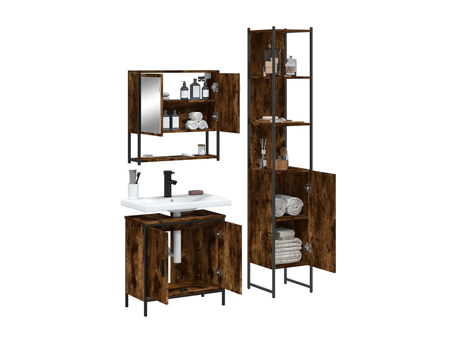 Set de muebles baño 3 pzas madera contrachapada roble ahumado