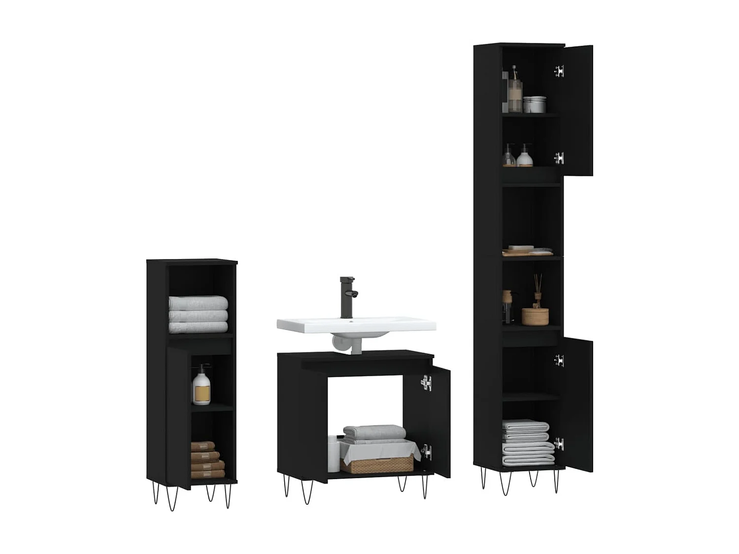 3 pcs conjunto móveis casa de banho derivados de madeira preto