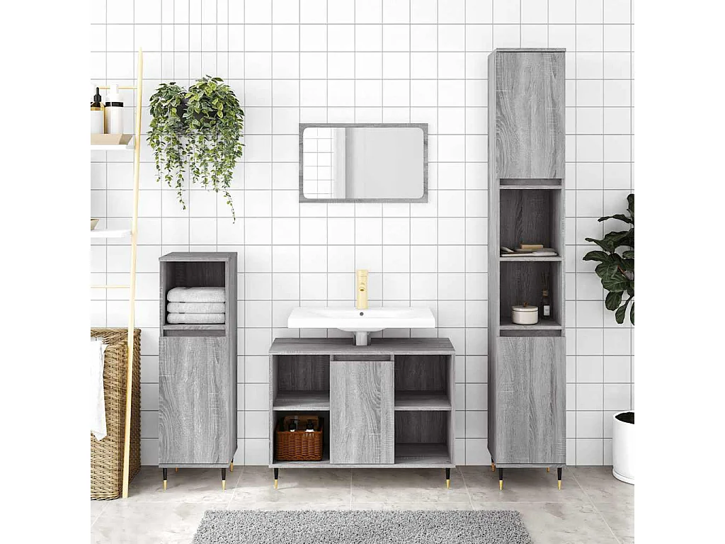 Badkamerkast 30x30x100 cm bewerkt hout grijs sonoma eikenkleur