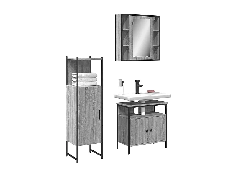 Set Mobili da Bagno 3 pz Grigio Sonoma in Legno Multistrato