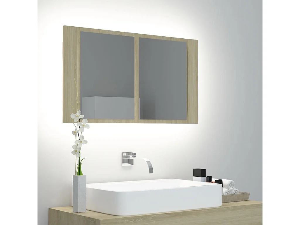 Armadietto a Specchio con Luci LED Rovere Sonoma in Acrilico