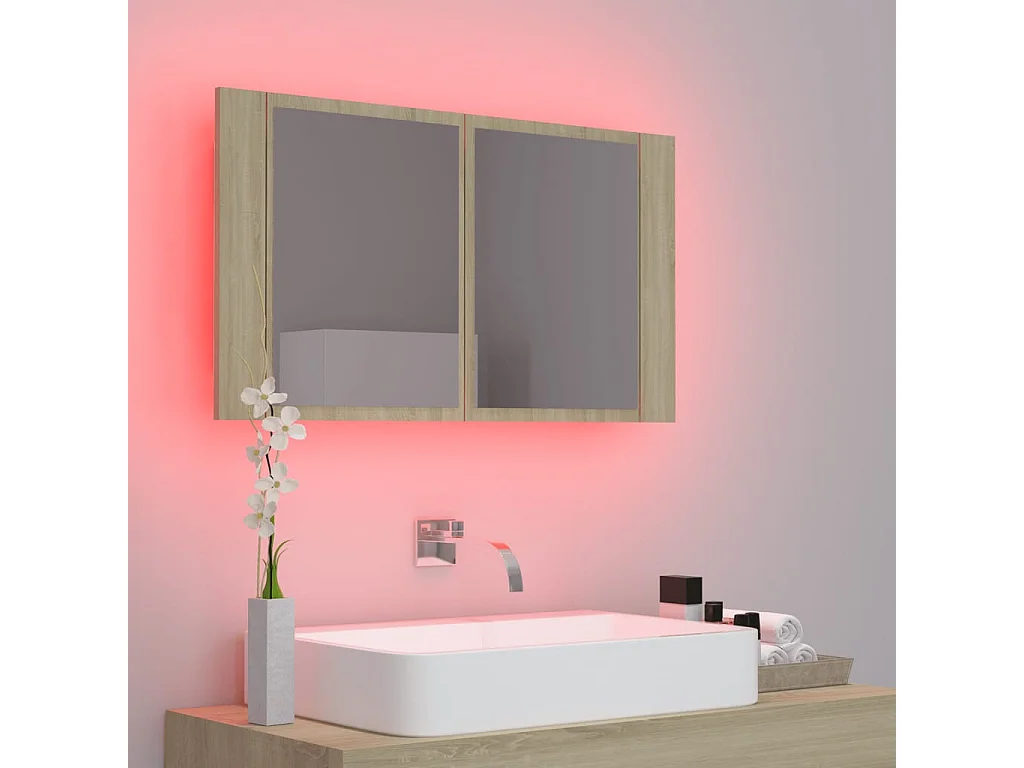 Armadietto a Specchio con Luci LED Rovere Sonoma in Acrilico