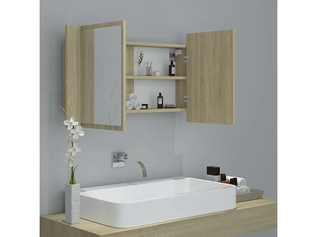 Armadietto a Specchio con Luci LED Rovere Sonoma in Acrilico