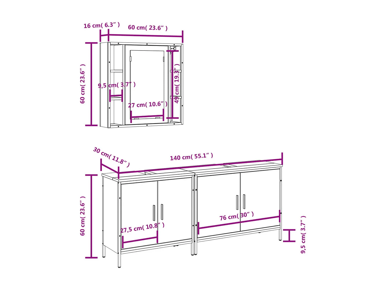 Set Mobili da Bagno 3 pz Rovere Fumo in Legno Multistrato