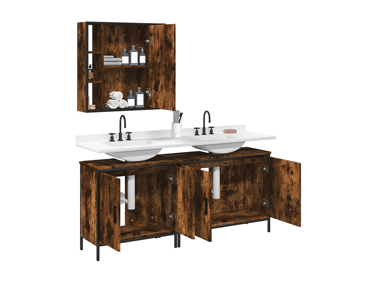 Set Mobili da Bagno 3 pz Rovere Fumo in Legno Multistrato