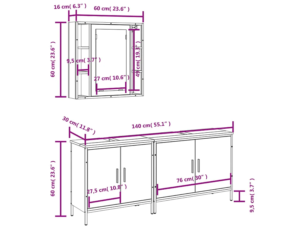 Ensemble d'armoires de salle de bain 3 pcs chêne fumé