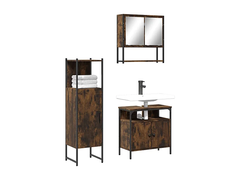 Set Mobili da Bagno 3 pz Rovere Fumo in Legno Multistrato
