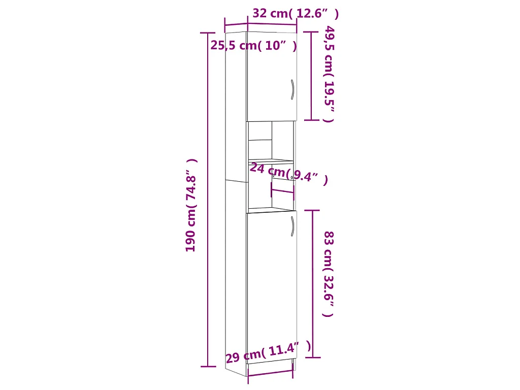 Badkamerkast 32x25,5x190 cm bewerkt hout wit