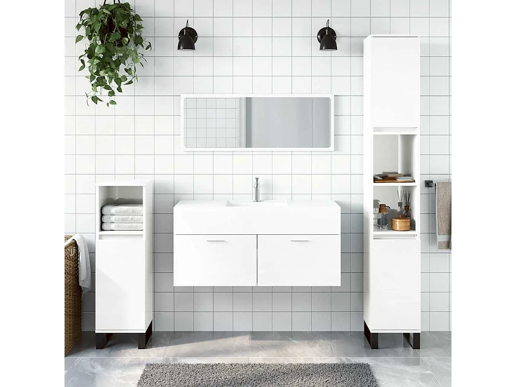 Mobile da Bagno con Specchio Bianco Lucido in Legno Multistrato