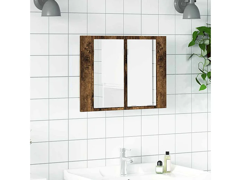 Armario con espejo LED madera roble ahumado 60x12x45 cm