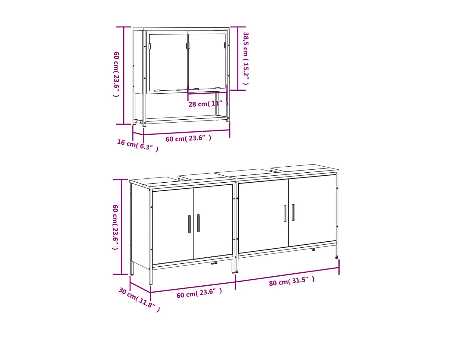 3-delige Badkamermeubelset bewerkt hout bruin eikenkleur