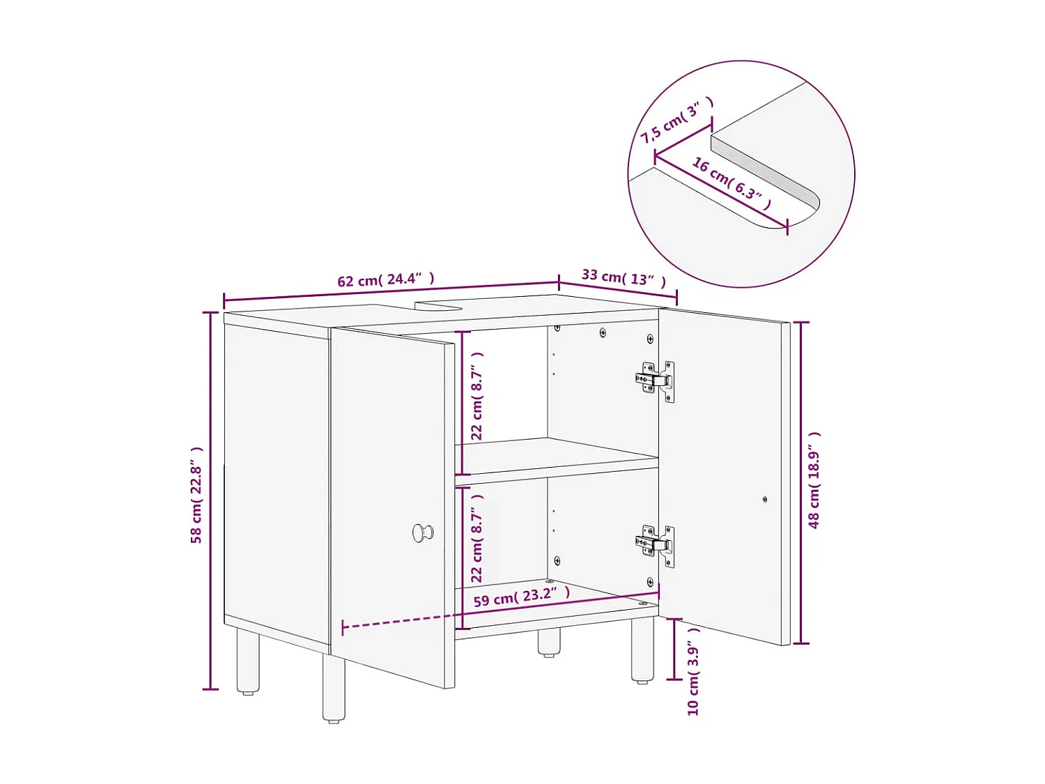 Mobile Lavabo da Bagno Nero 62x33x58 cm Legno Massello di Mango