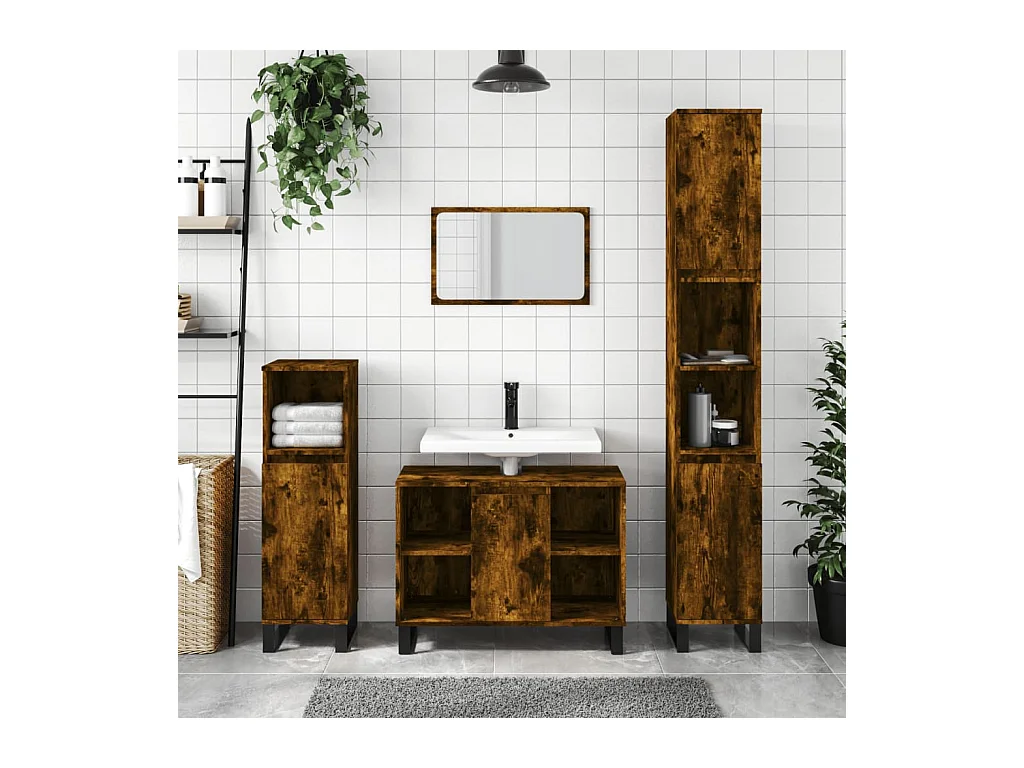 Armoire salle de bain chêne fumé 80x33x60cm bois d'ingénierie