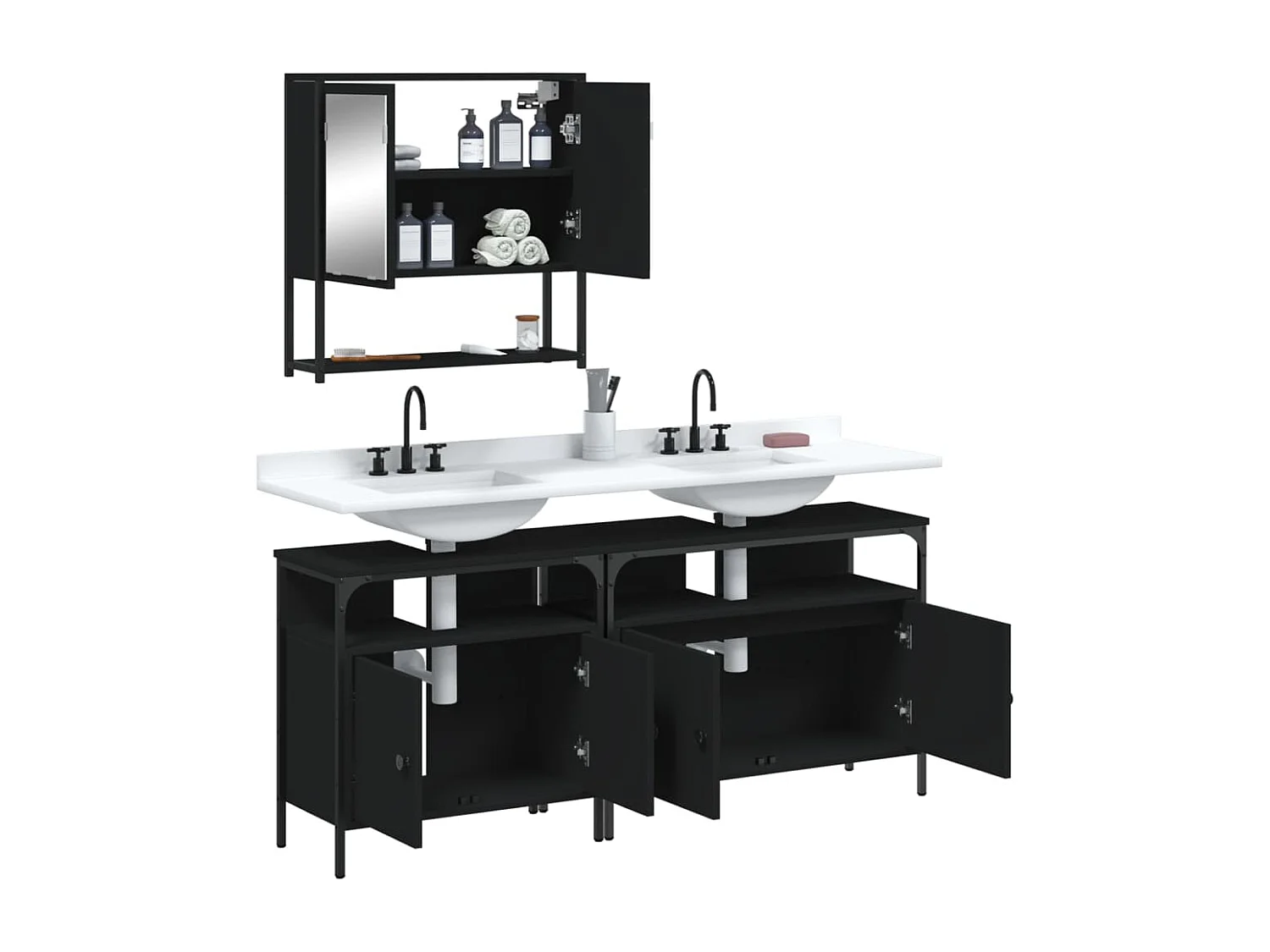 Set Mobili da Bagno 3 pz Nero in Legno Multistrato