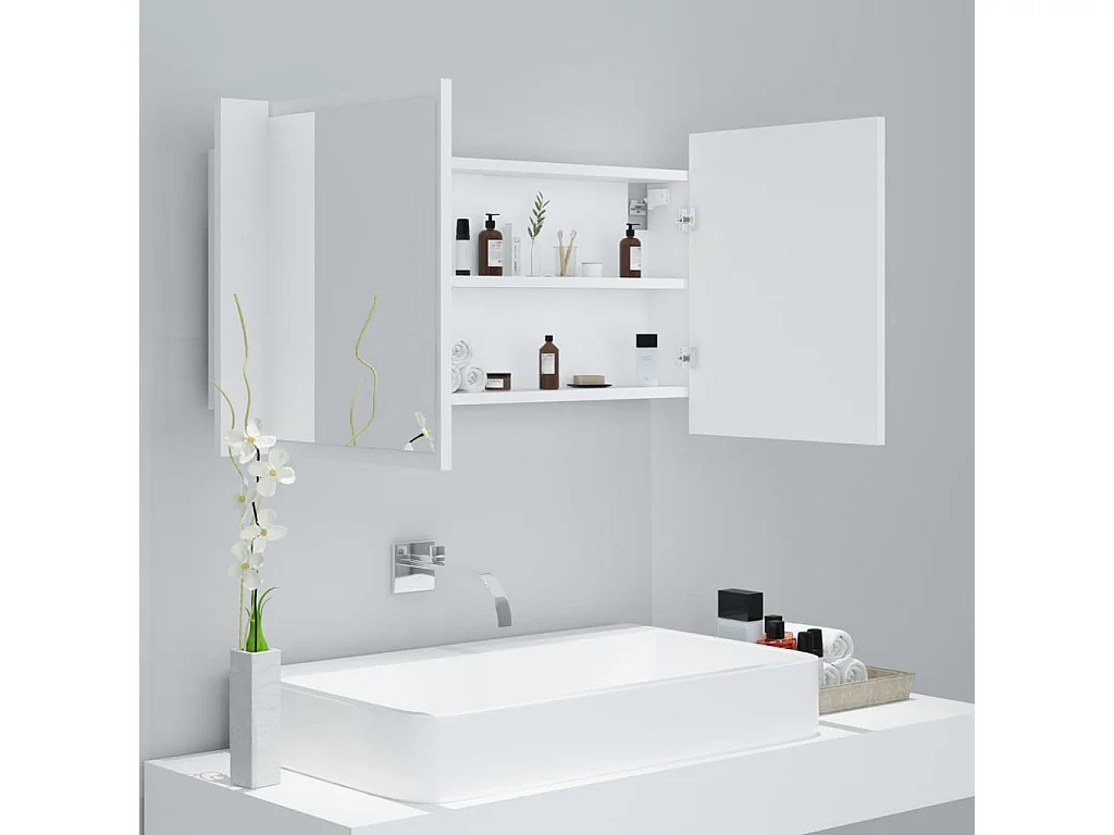Armario espejo de baño con luz LED acrílico blanco 90x12x45 cm
