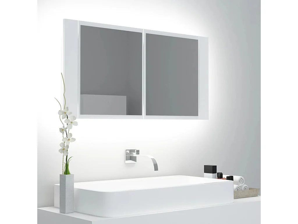 Armario espejo de baño con luz LED acrílico blanco 90x12x45 cm
