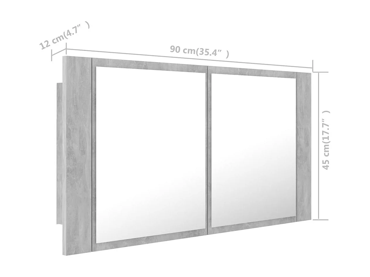Badkamerkast met spiegel en LED 90x12x45 cm acryl betongrijs