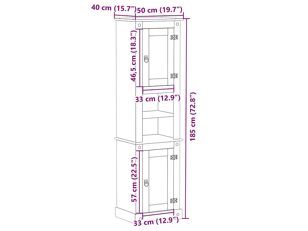 Szafka łazienkowa Corona z litego drewna sosnowego 50x40x185 cm z metalowymi uchwytami i dużą przestrzenią do przechowywania