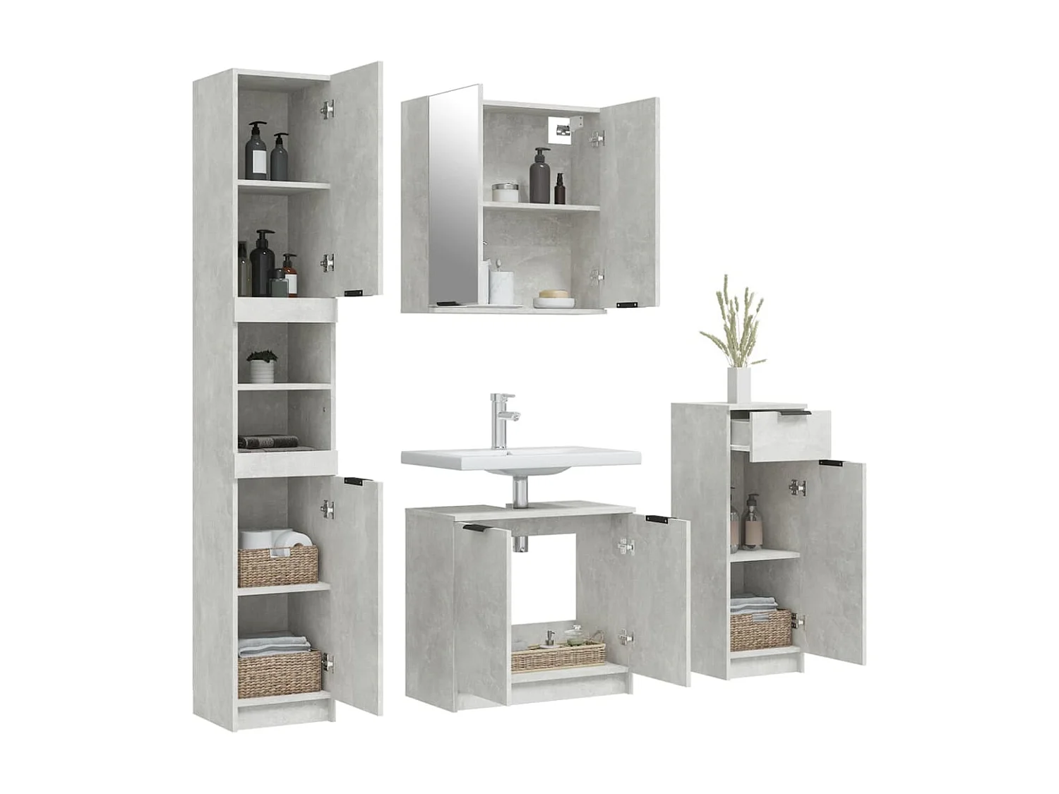Set Mobili da Bagno 4 pz Grigio Cemento in Legno Multistrato