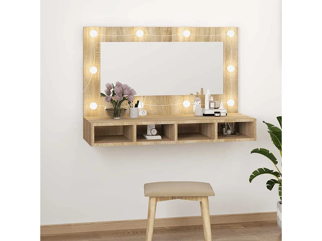 Mobile a Specchio con LED Rovere Sonoma 90x31,5x62 cm