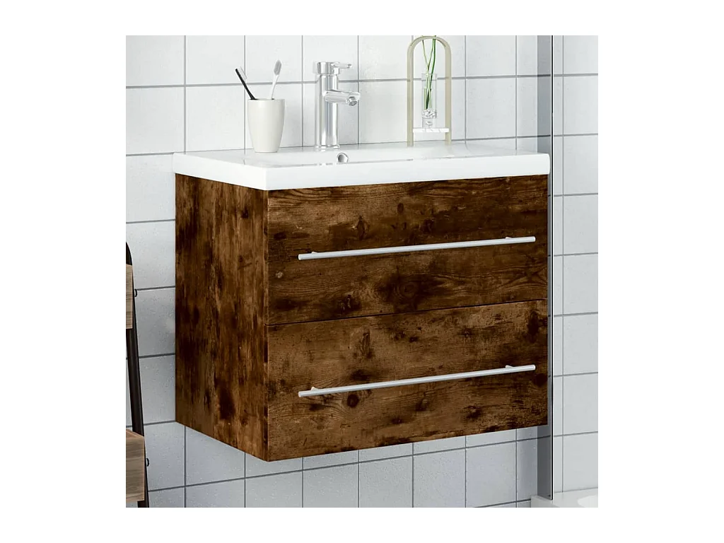 Armoire lavabo de salle de bain avec bassin intégré chêne fumé